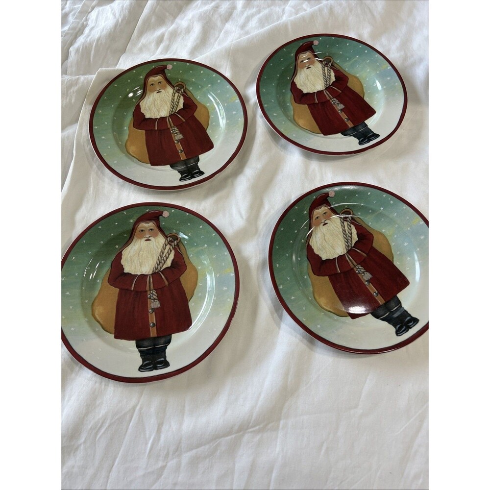 Vintage 1995 Father Christmas 8” Salad Plates Block by Gear Santa Claus 4 pc Set